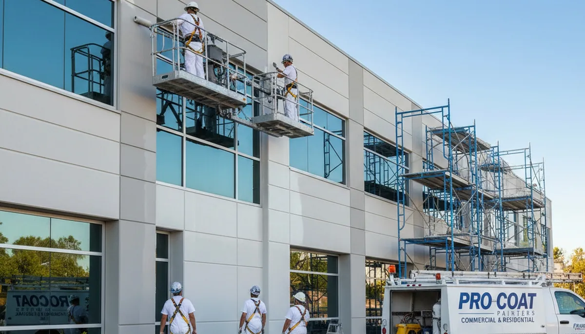 Professional commercial painters coating stucco exterior in Albuquerque, NM for durable business finish