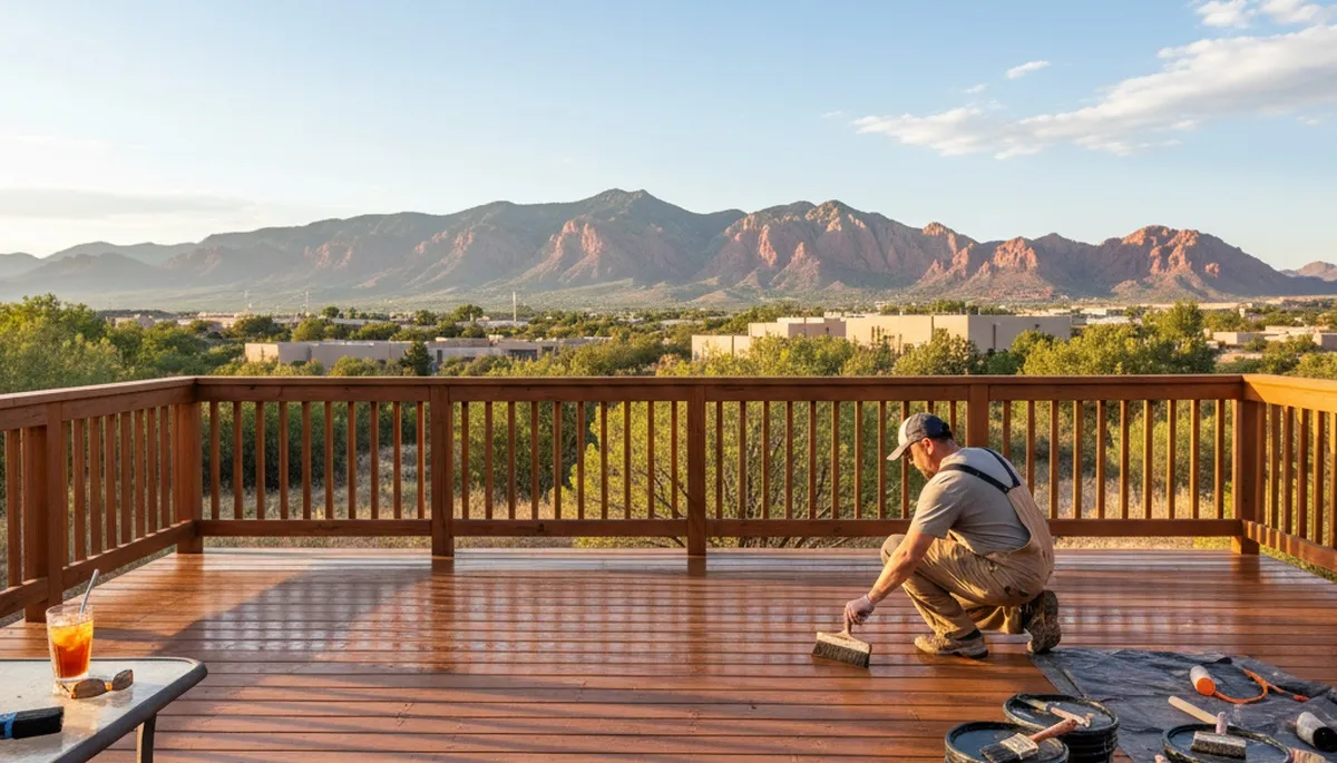 Professional deck staining in Albuquerque NM with UV-protective finish enhancing natural wood grain