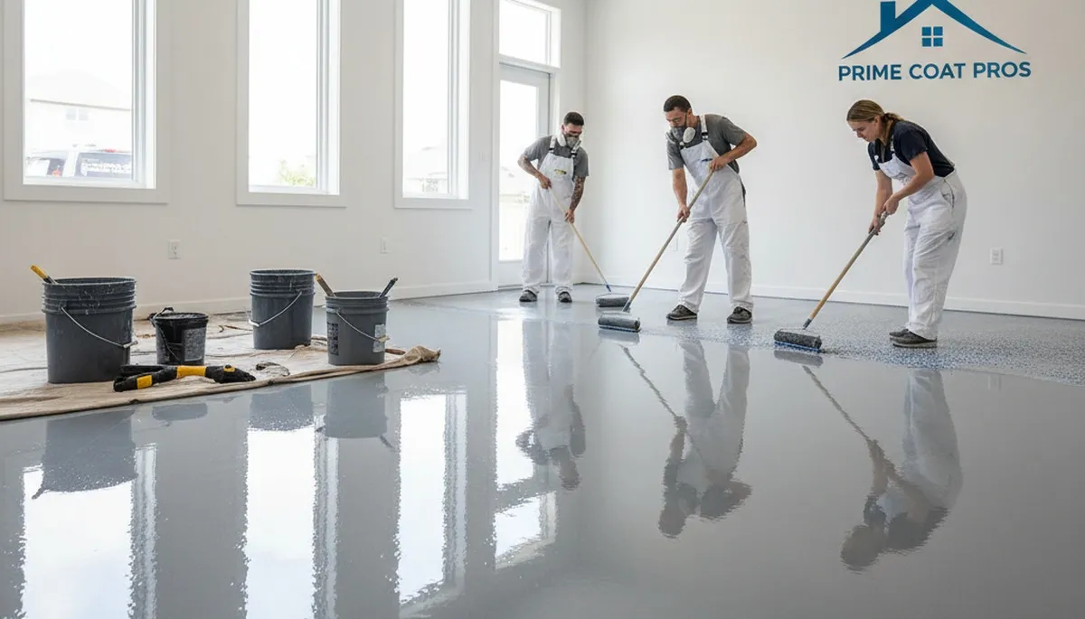 Epoxy floor coating in Albuquerque NM garage by professional house painters for durable finish