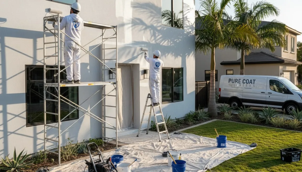 Professional exterior house painting on stucco home in Albuquerque, NM by local painters