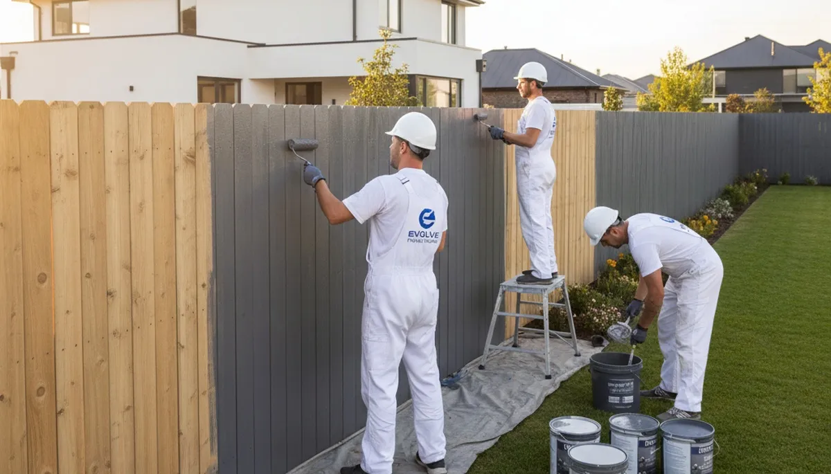 Professional fence painting in Albuquerque NM showing painters coating wood fence for sun protection