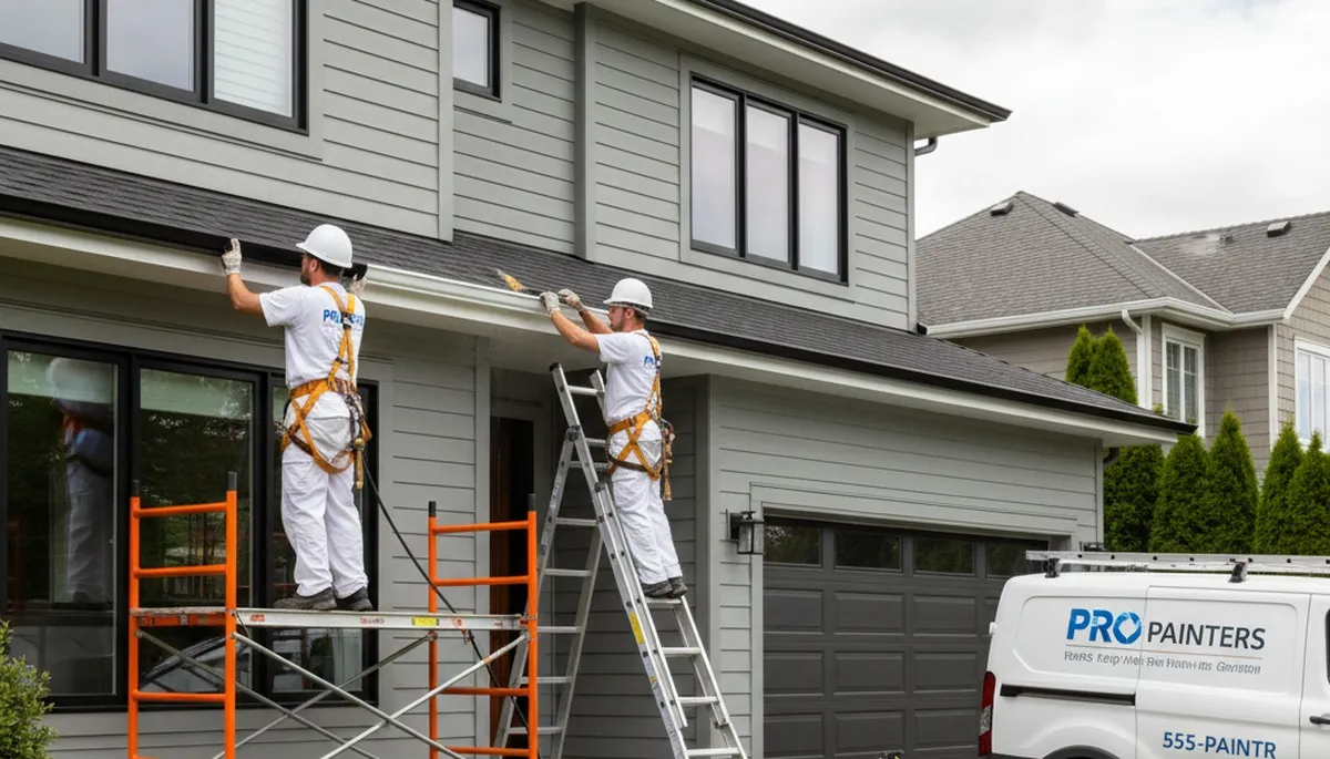 Professional gutter painting on stucco home in Albuquerque NM by expert house painters