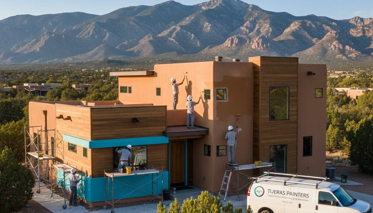 House painting team in Albuquerque, NM painting a home's exterior with professional tools