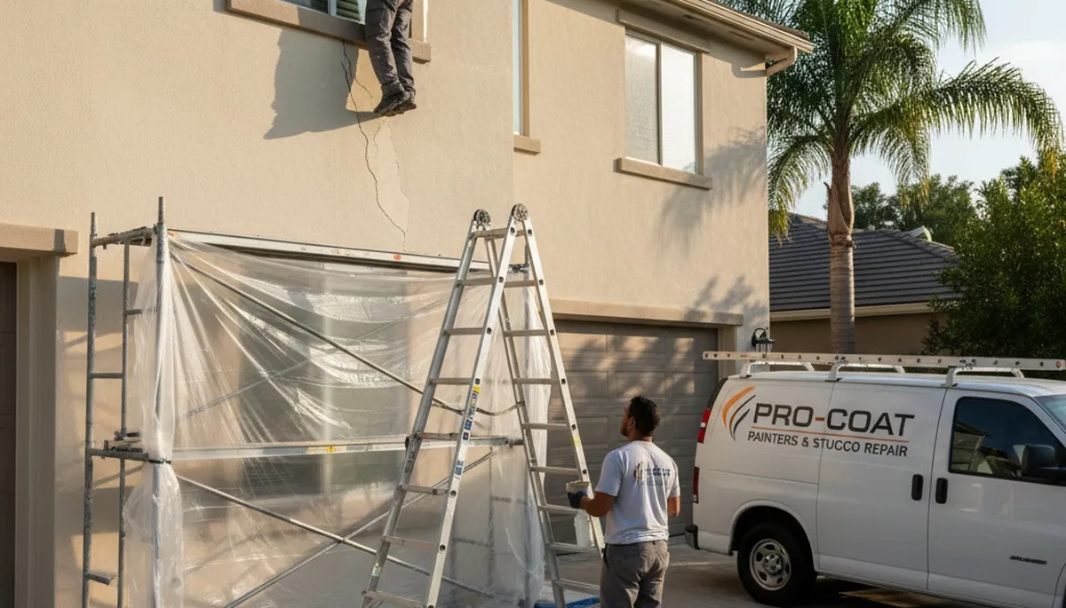 Professional stucco repair and painting on Albuquerque NM home exterior with smooth texture finish