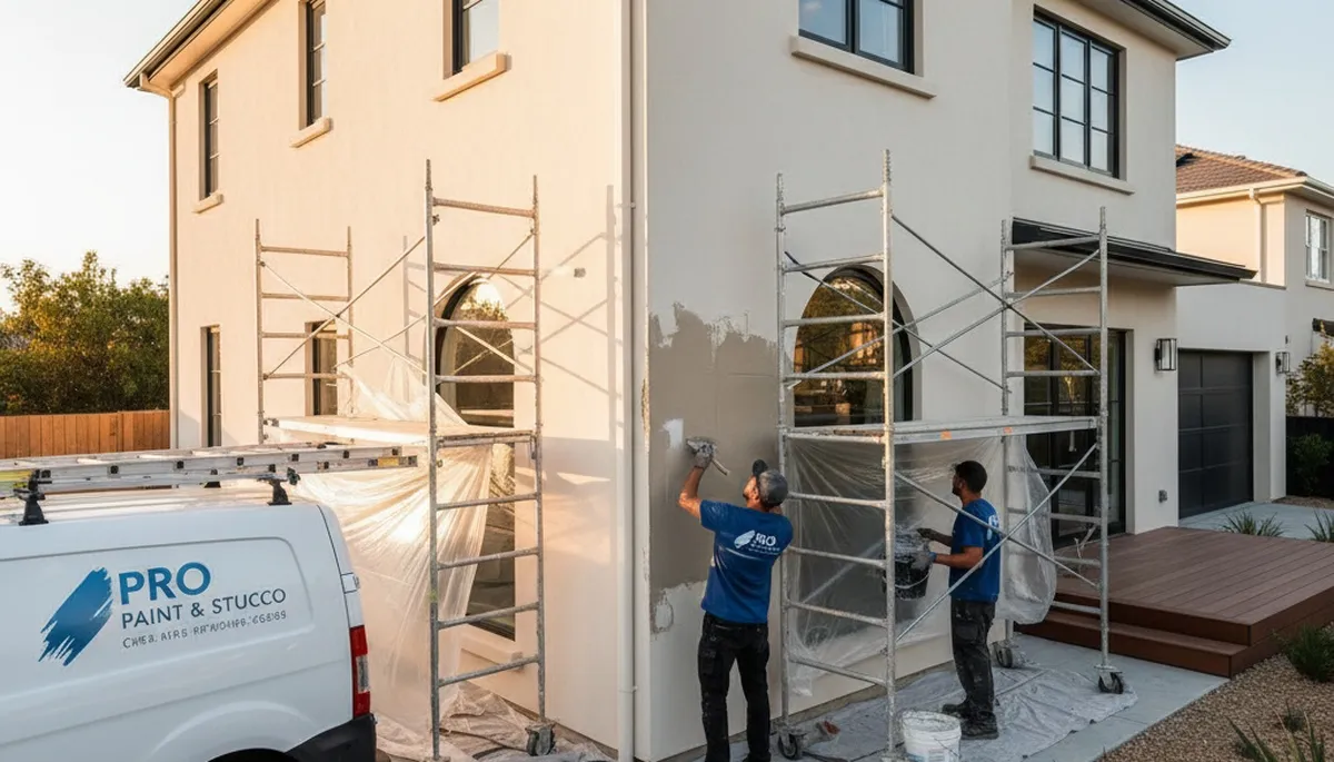 Professional stucco repair on Albuquerque NM home exterior with expert crack restoration and texture match