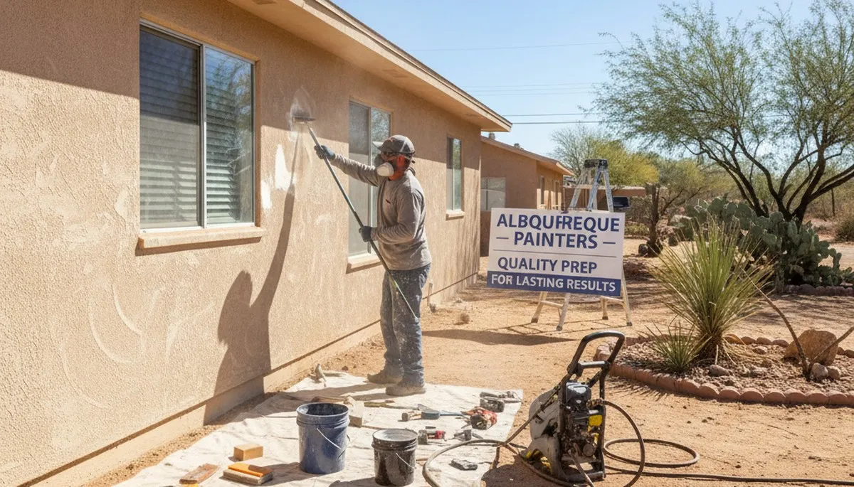 Painter sanding stucco wall for exterior preparation in Albuquerque, NM before new house paint application